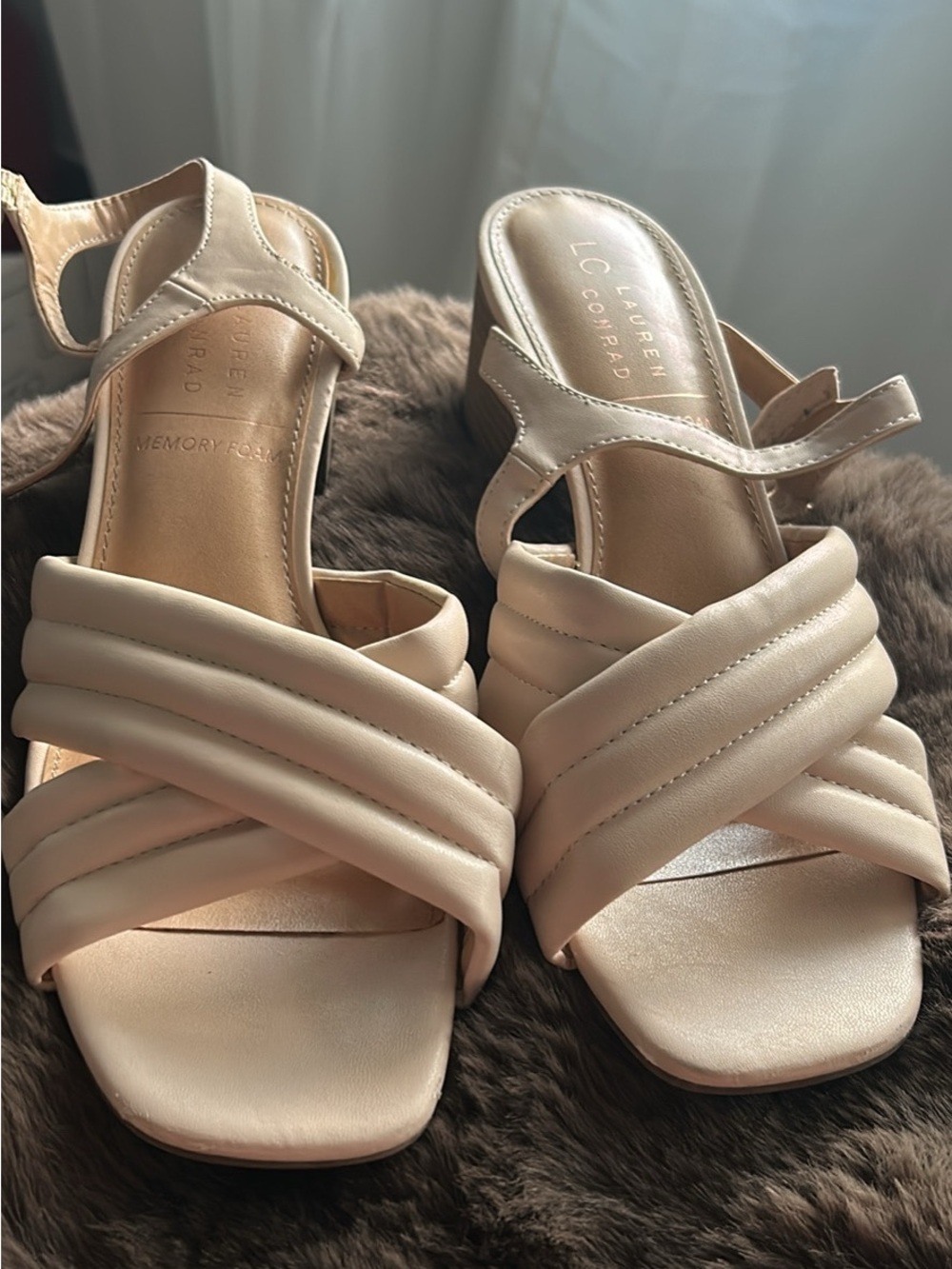 LC Lauren Conrad Padded Cream Cross-Strap Heels